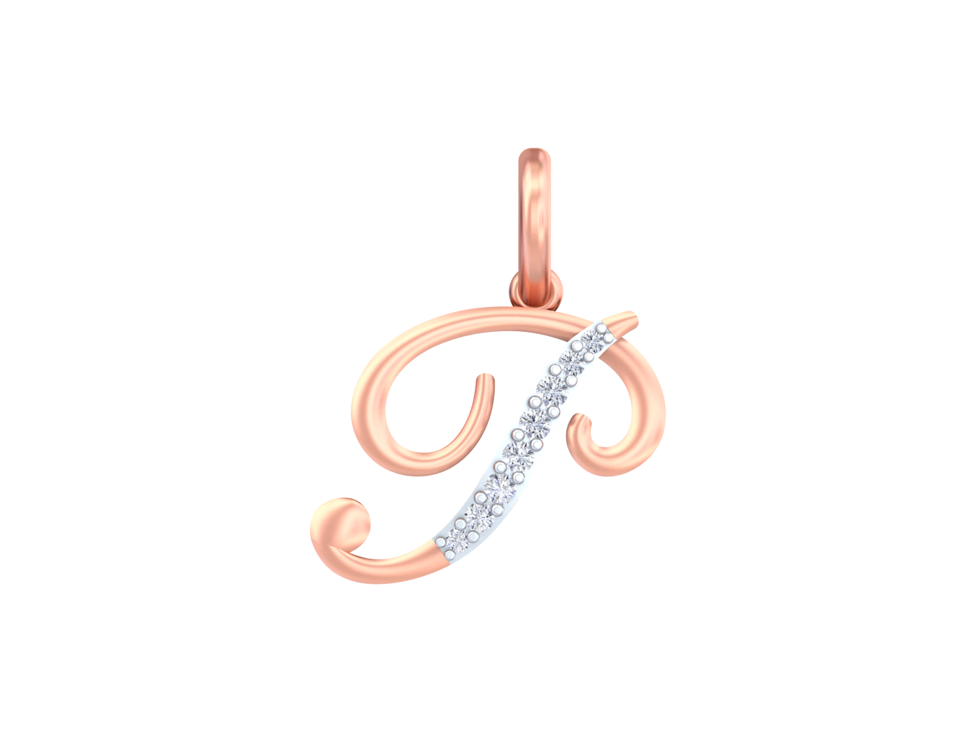Rose gold letter 'P' pendant with diamonds on a white background