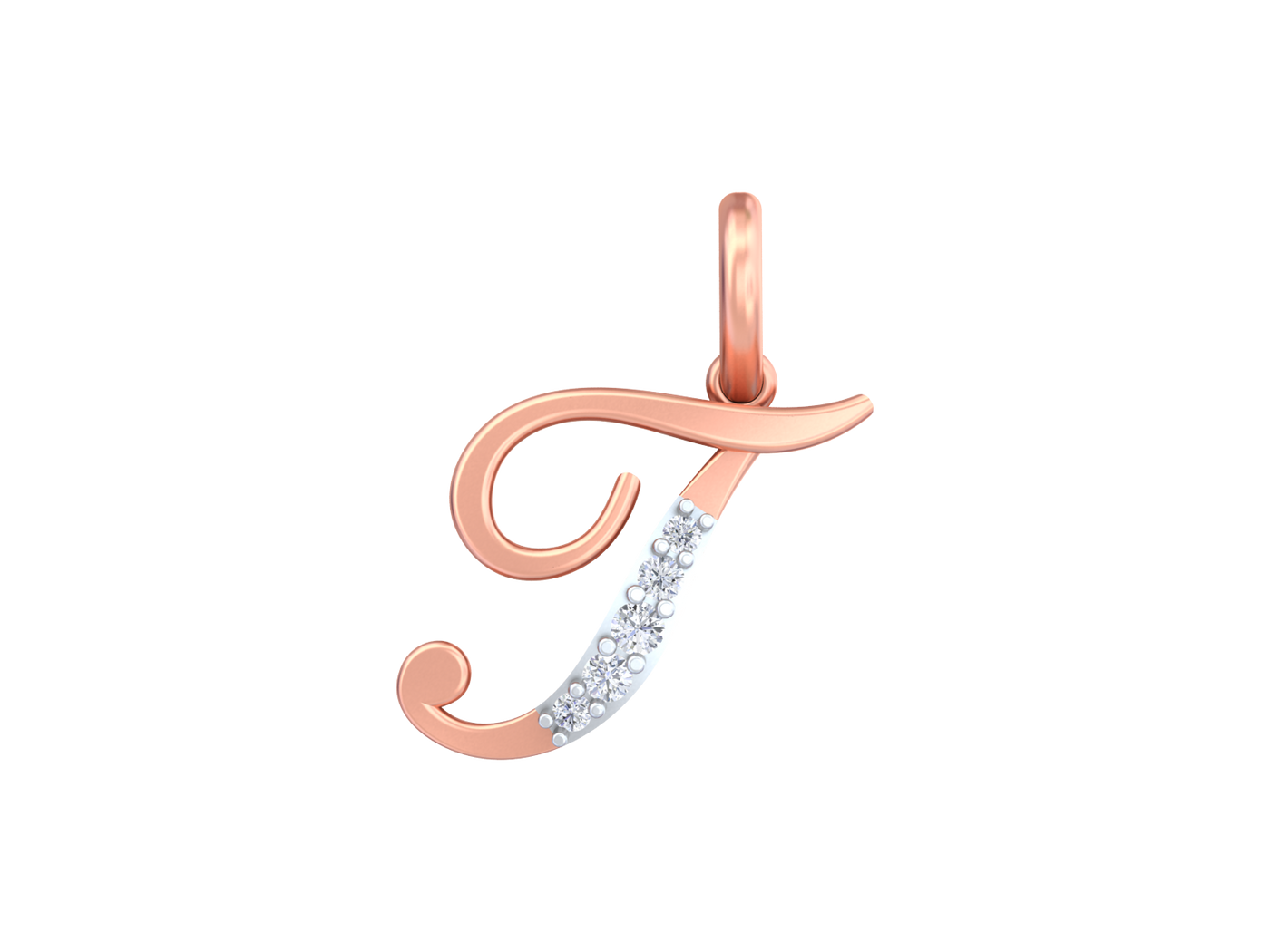 Rose gold letter 'T' pendant with diamonds on a white background
