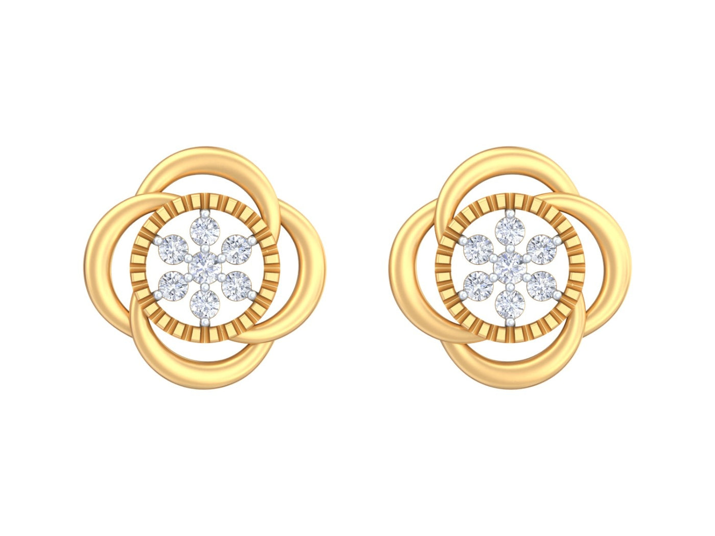 Yellow gold and diamond stud earring with floral-design on a white background.