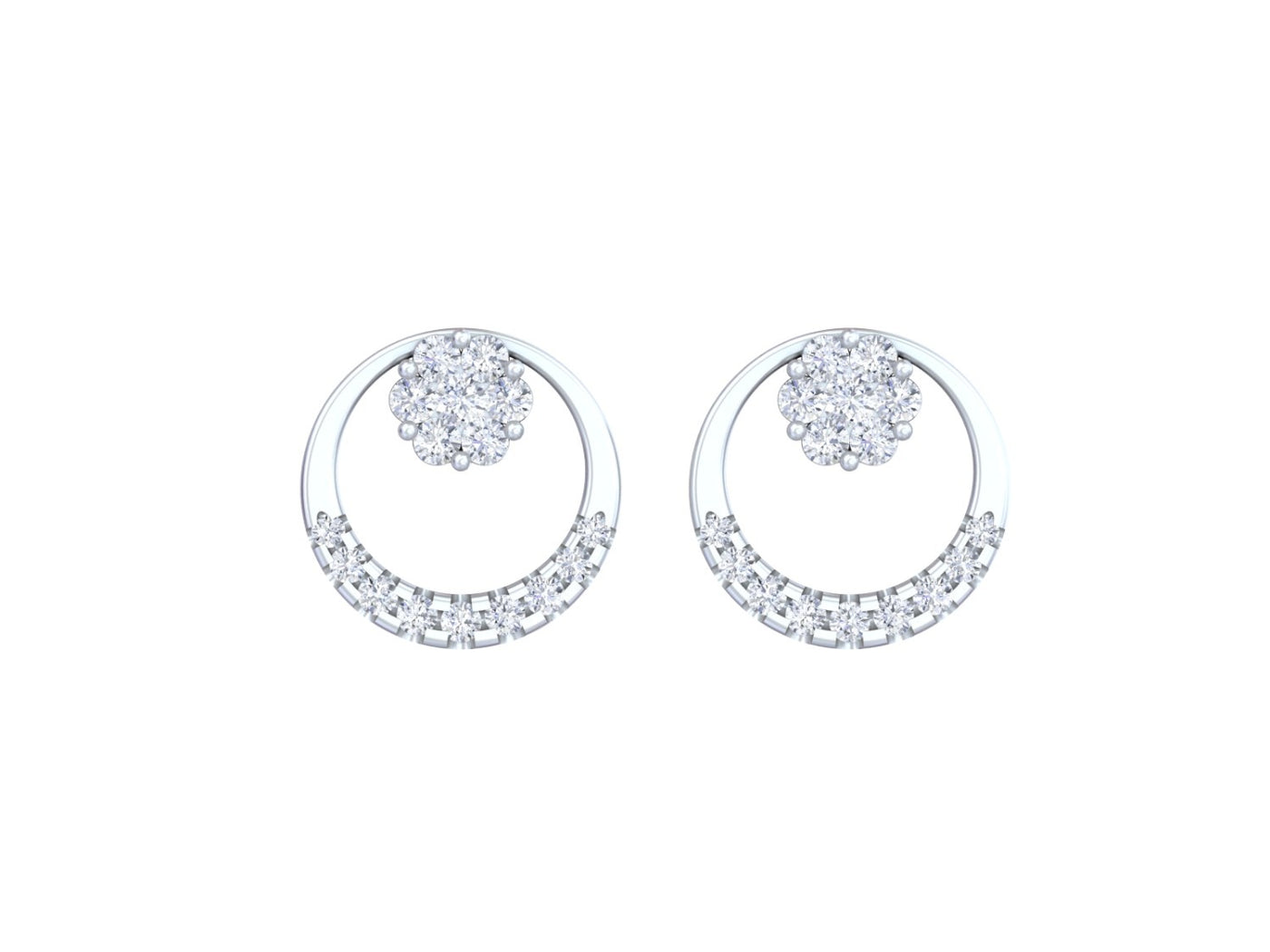 White gold and diamond stud earring with round-shaped on a white background.