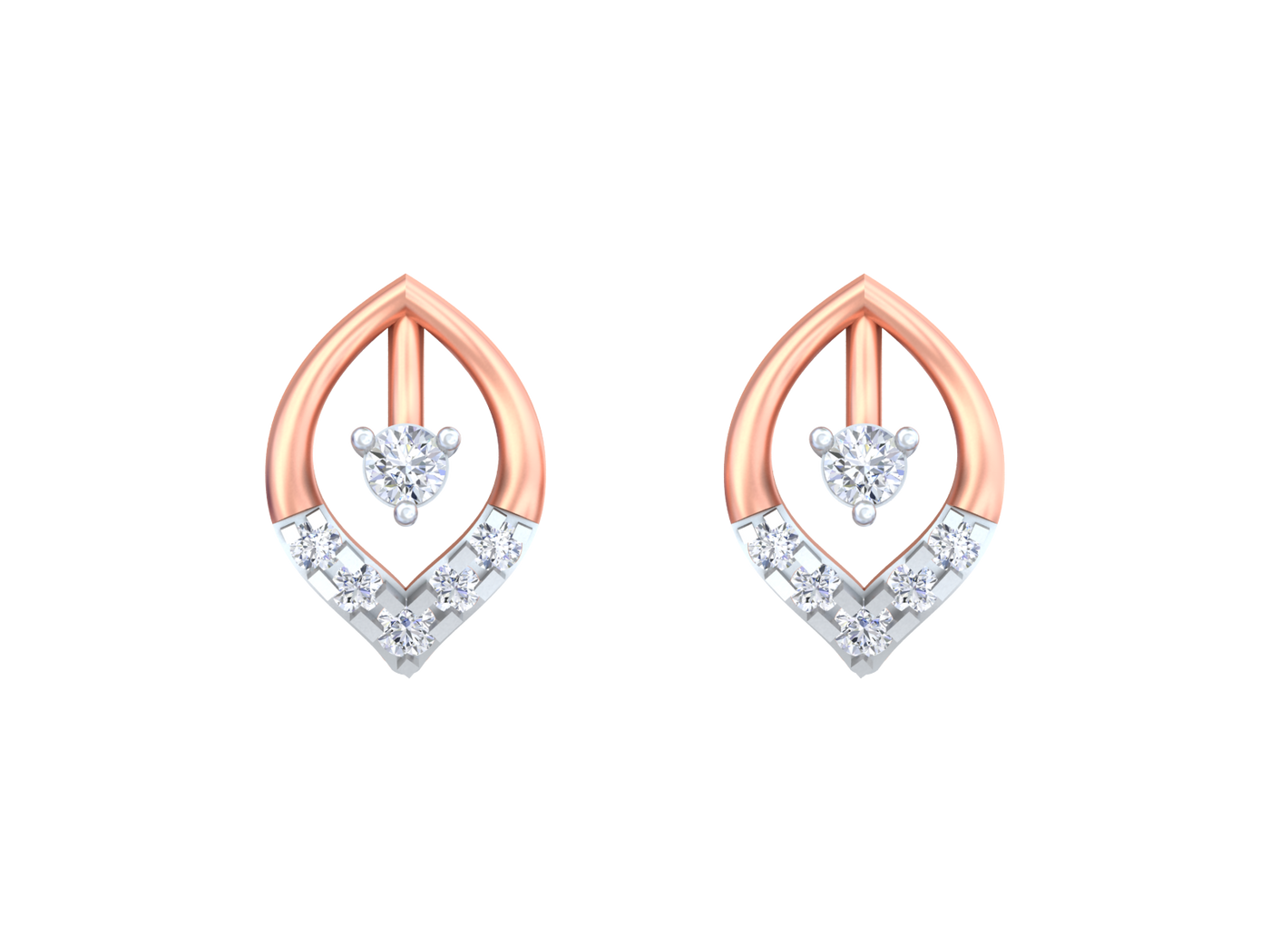 Rose gold and diamond stud earrings on a white background.