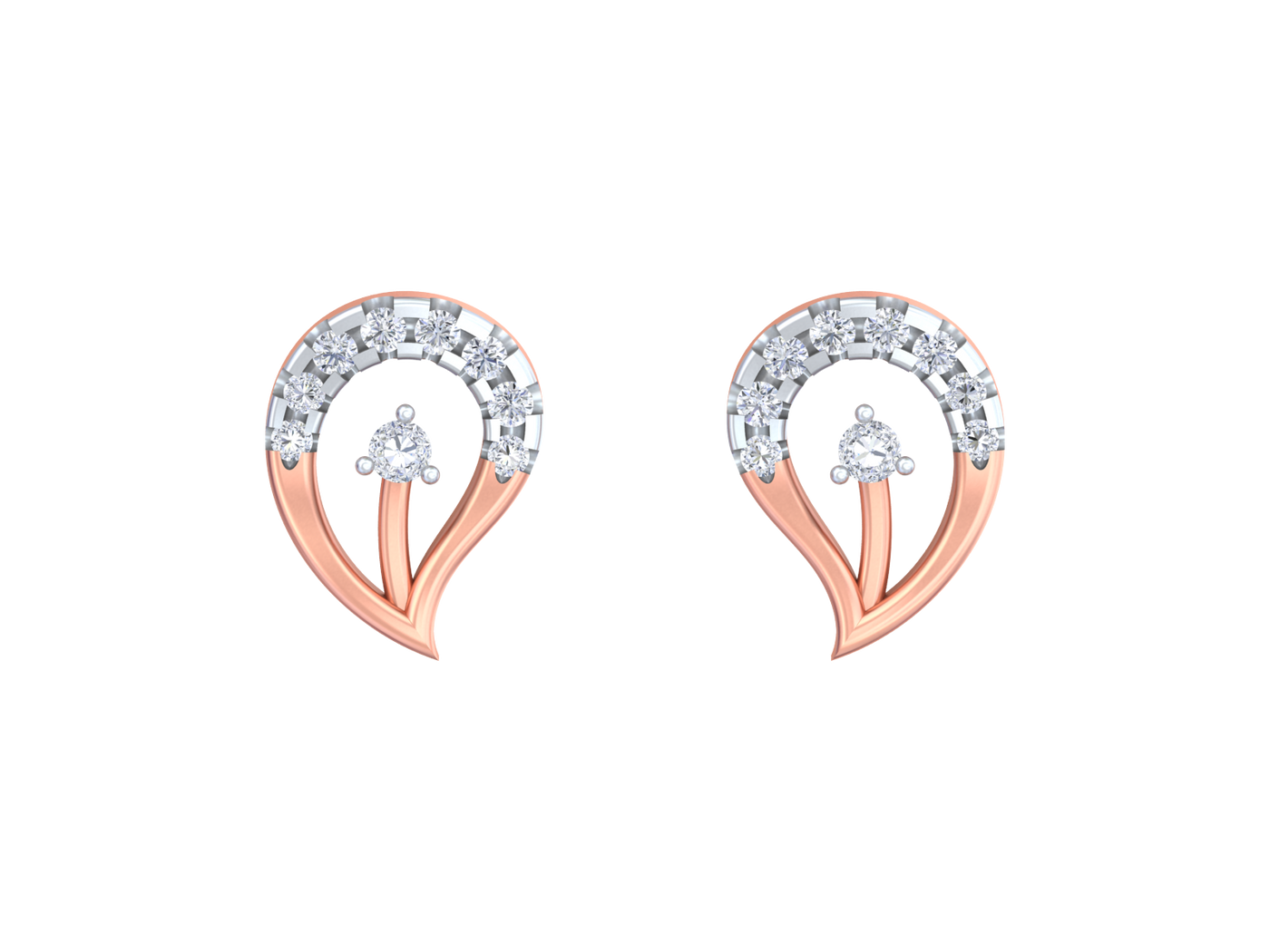 Rose gold and diamond stud earring with leaf-design on a white background.