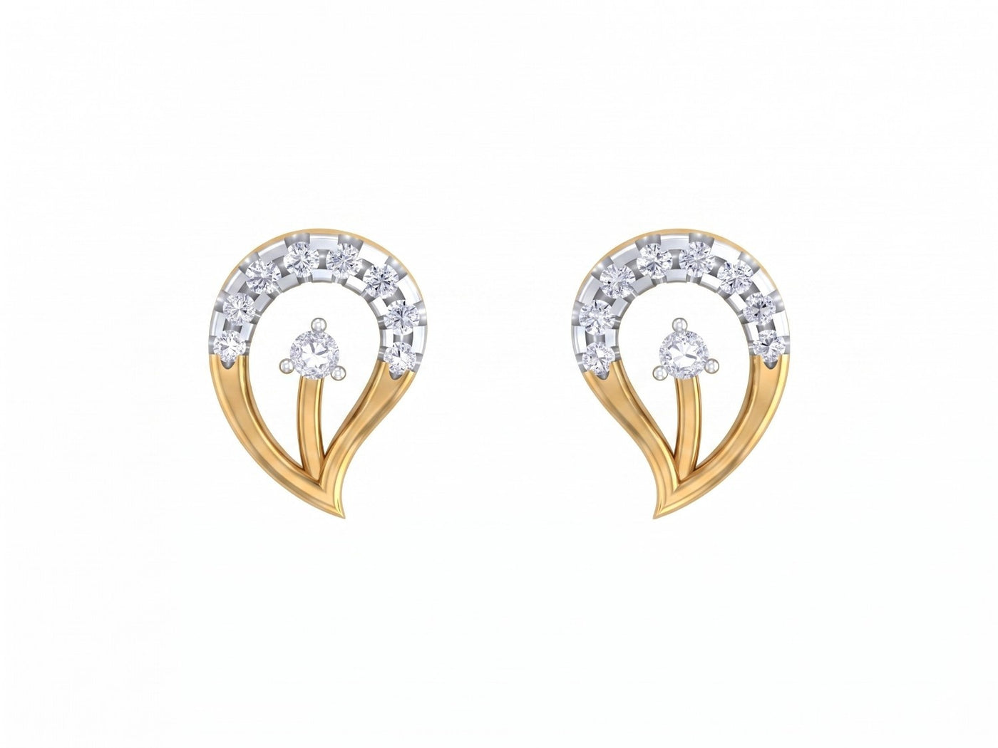 Yellow gold and diamond stud earring with leaf-design on a white background.