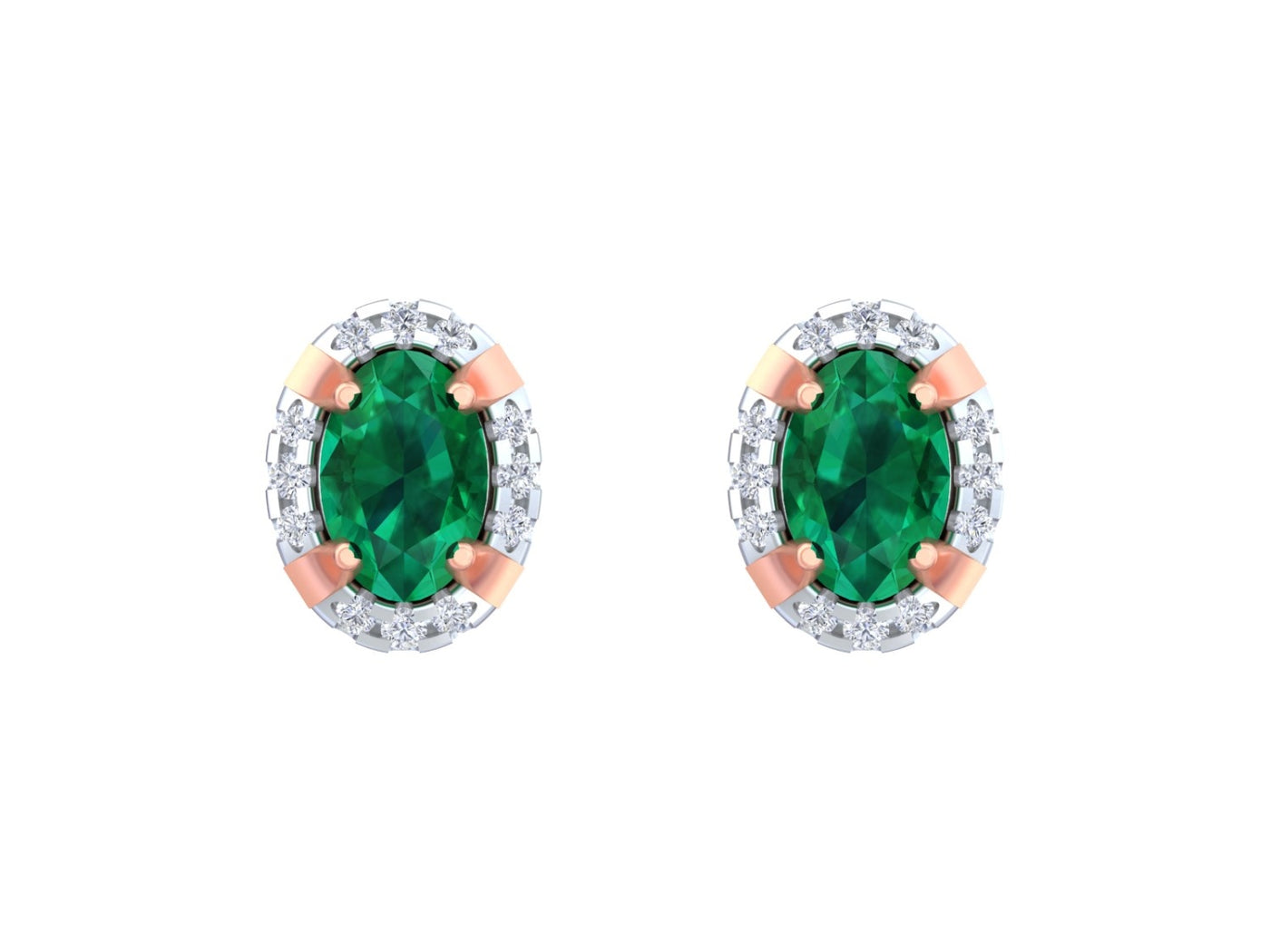 Rose gold and diamond stud  earrings with emerald gemstones on a white background