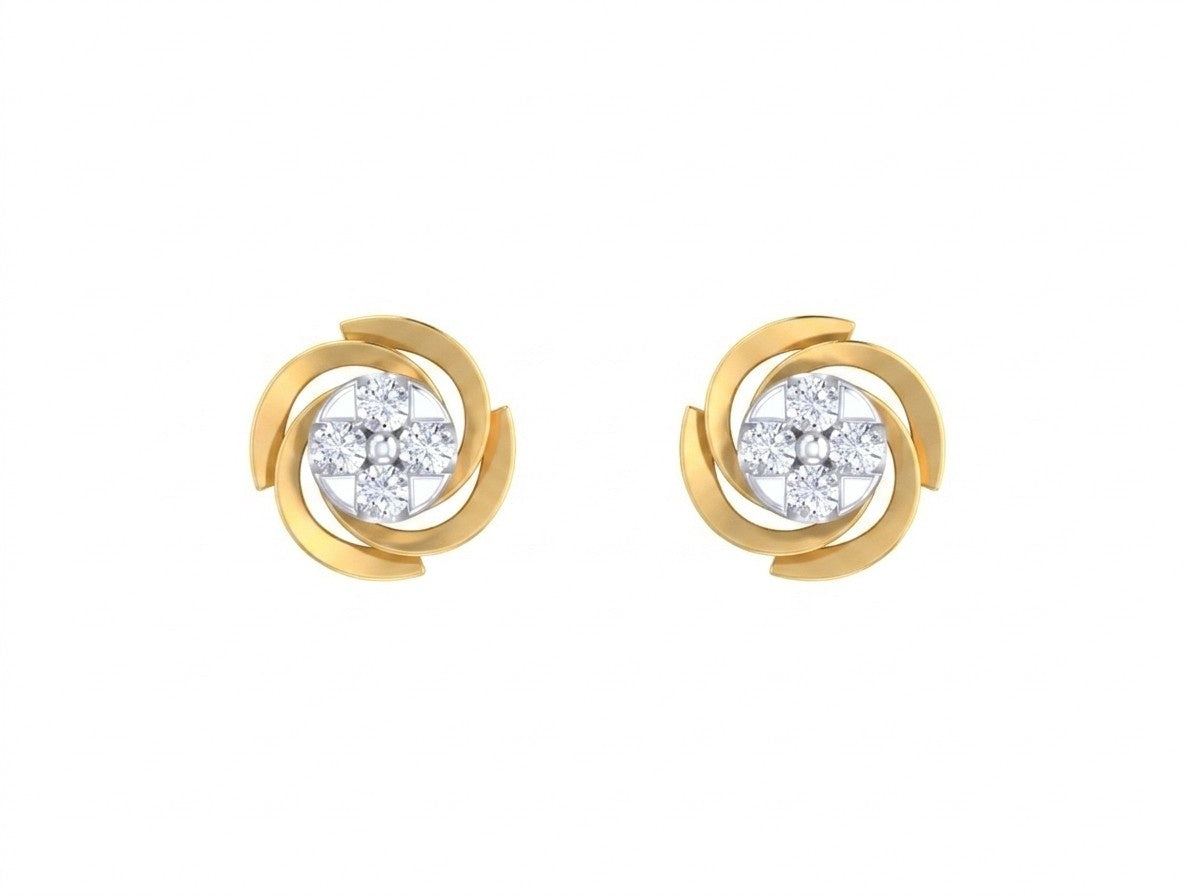 Pair of yellow gold and diamond round-shaped stud earrings on a white background