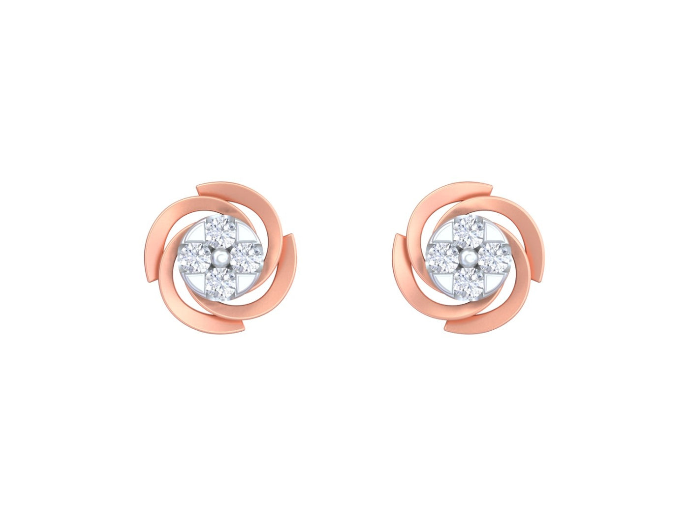 Pair of rose gold and diamond round-shaped stud earrings on a white background