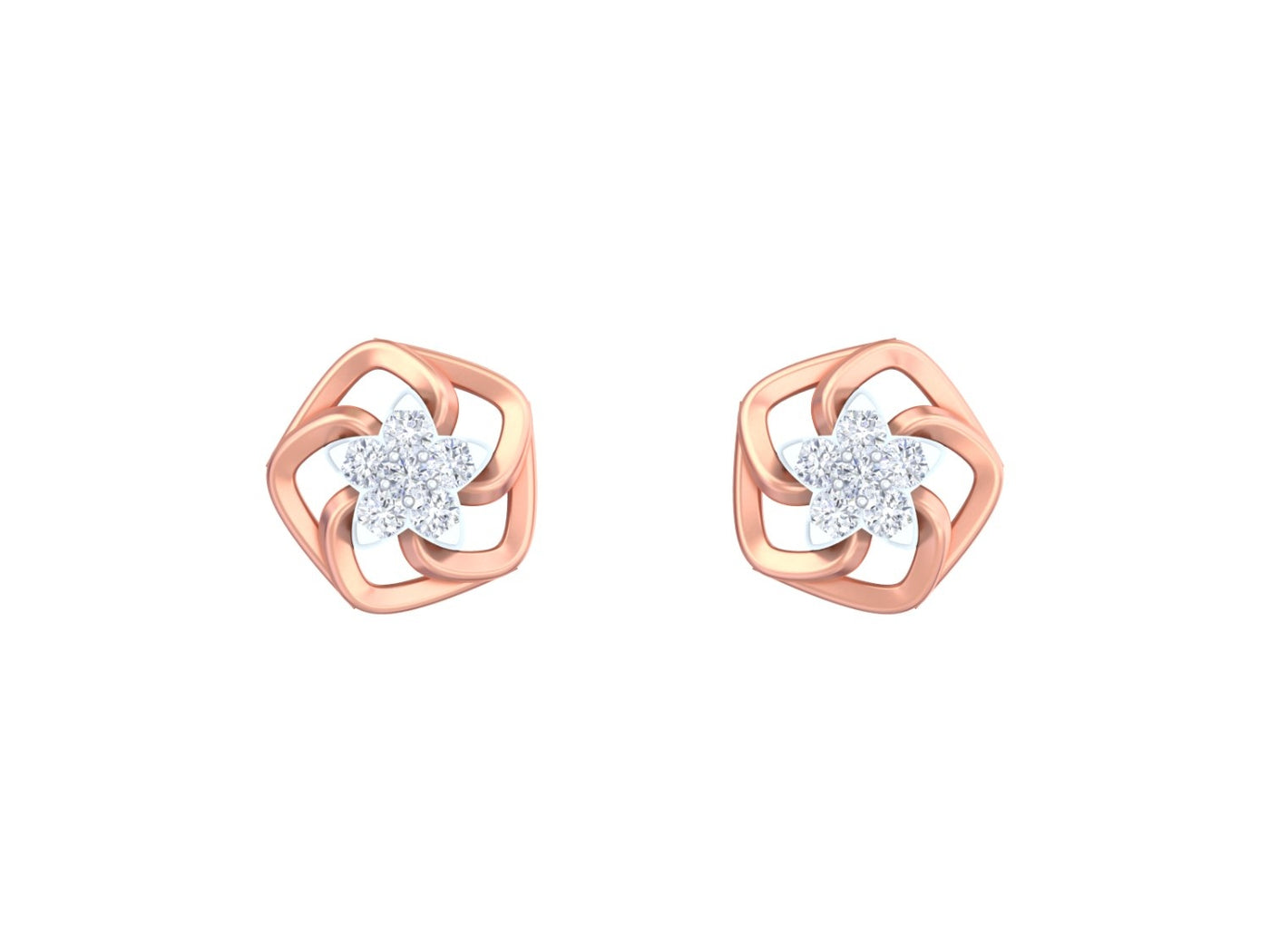 Rose gold earrings with diamond-like centers on a white background.