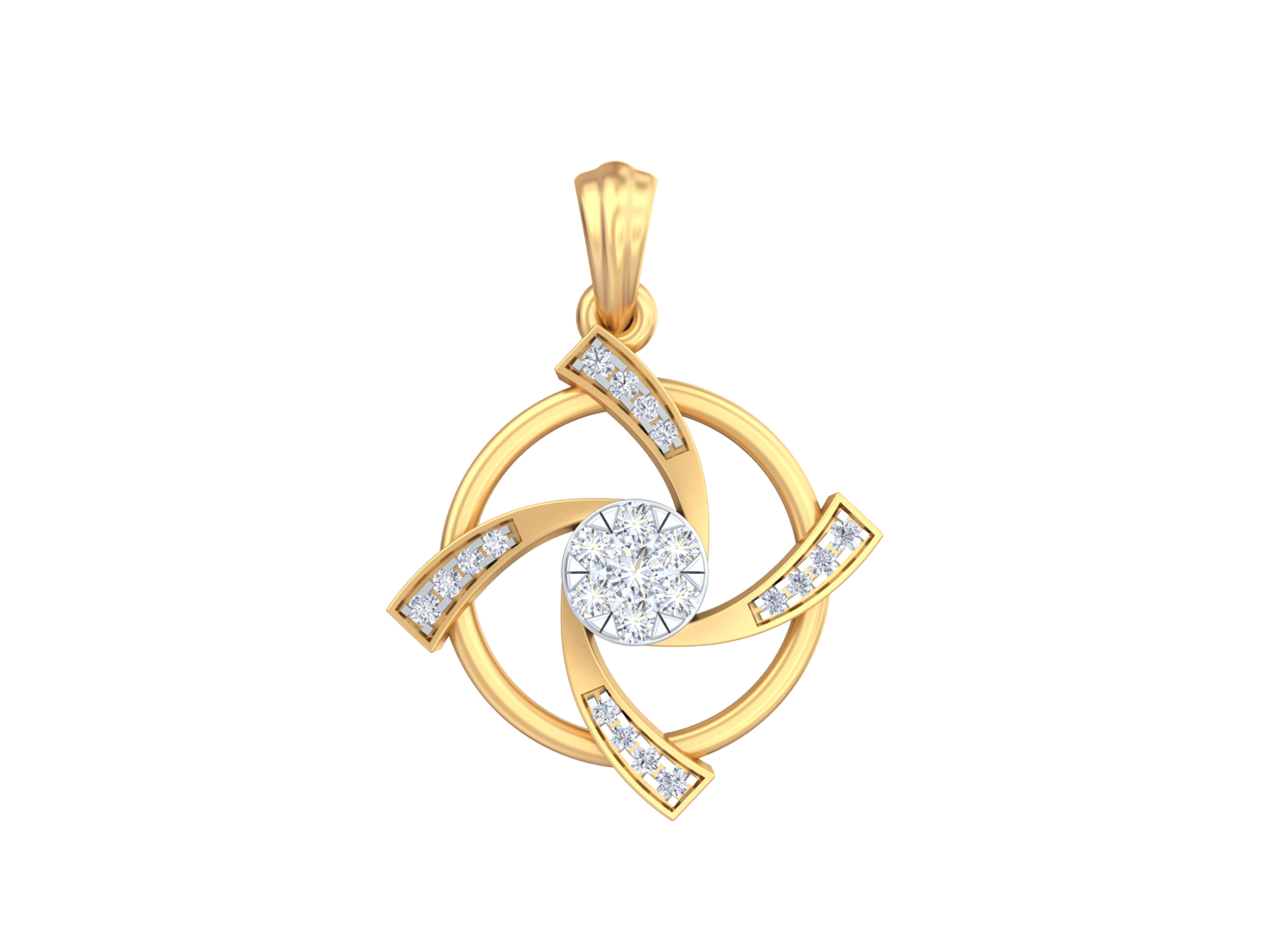 Gold pendant with diamond heart design on a white background