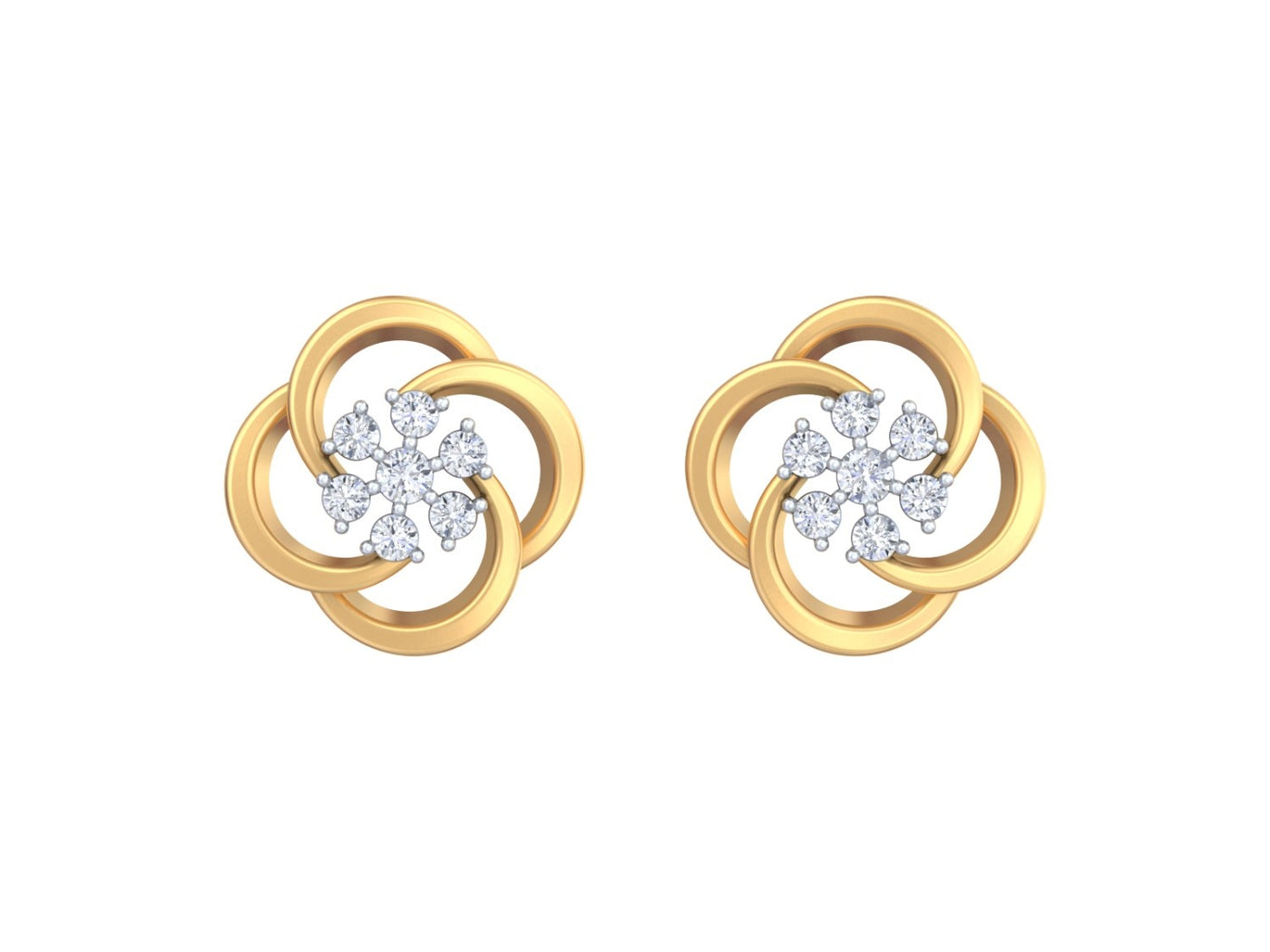 Yellow gold and diamond stud earrings with floral-design on a white background.