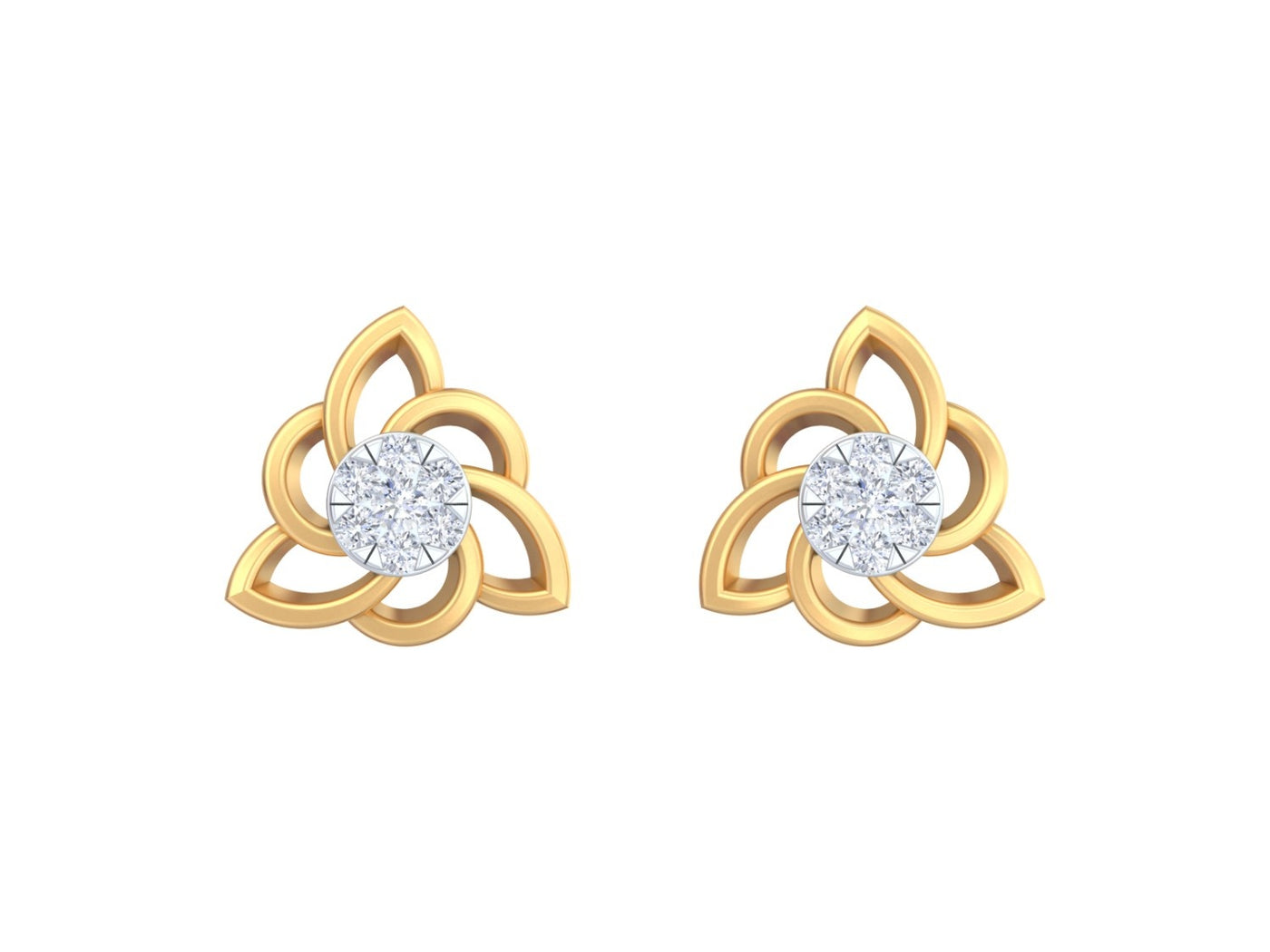 Yellow gold and diamond floral stud earrings  on a white background