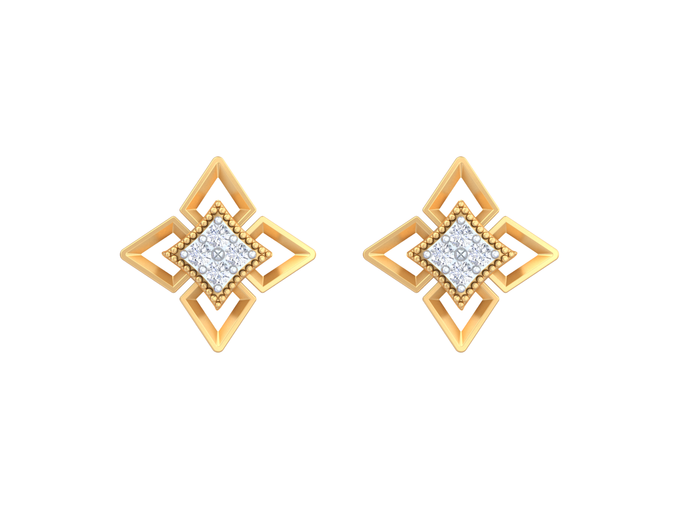 Yellow gold and diamond stud earrings on a white background.