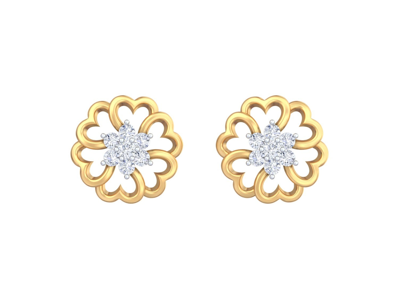 Yellow gold and diamond floral earrings on a white background