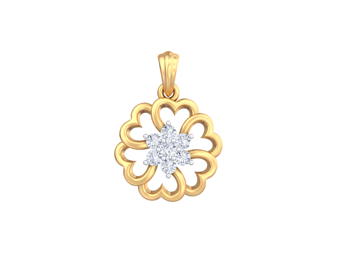 Gold pendant with diamond center on a white background