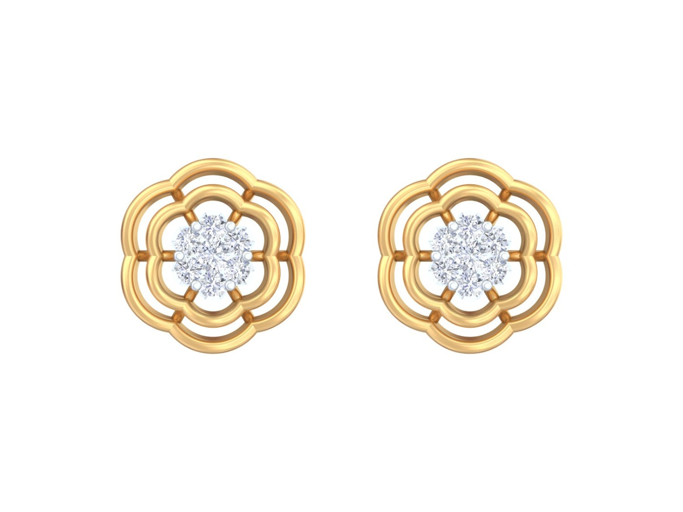 Yellow gold and diamond  stud earrings with floral design on a white background