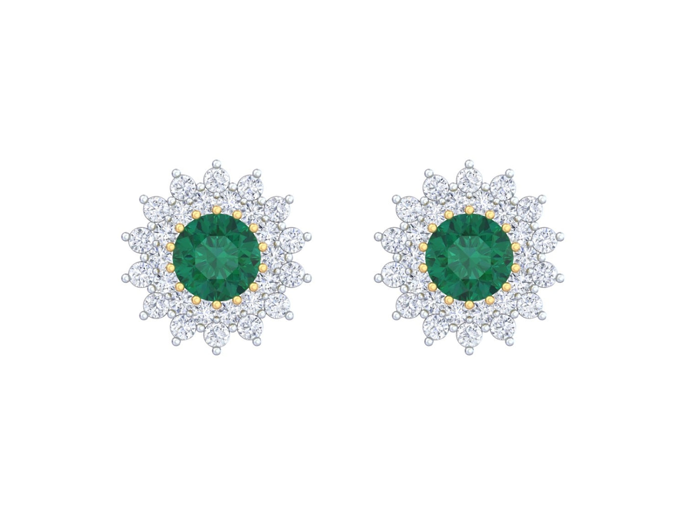 Pair of yellow gold and diamond stud earrings with emerald gemstone on a white background.