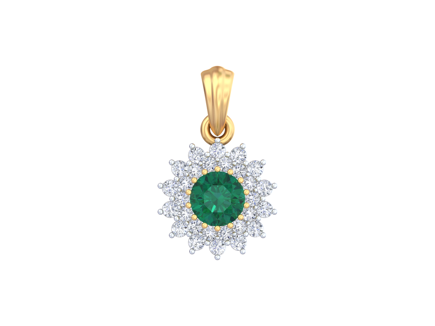 Yellow gold and diamond pendant with gemstone on white background