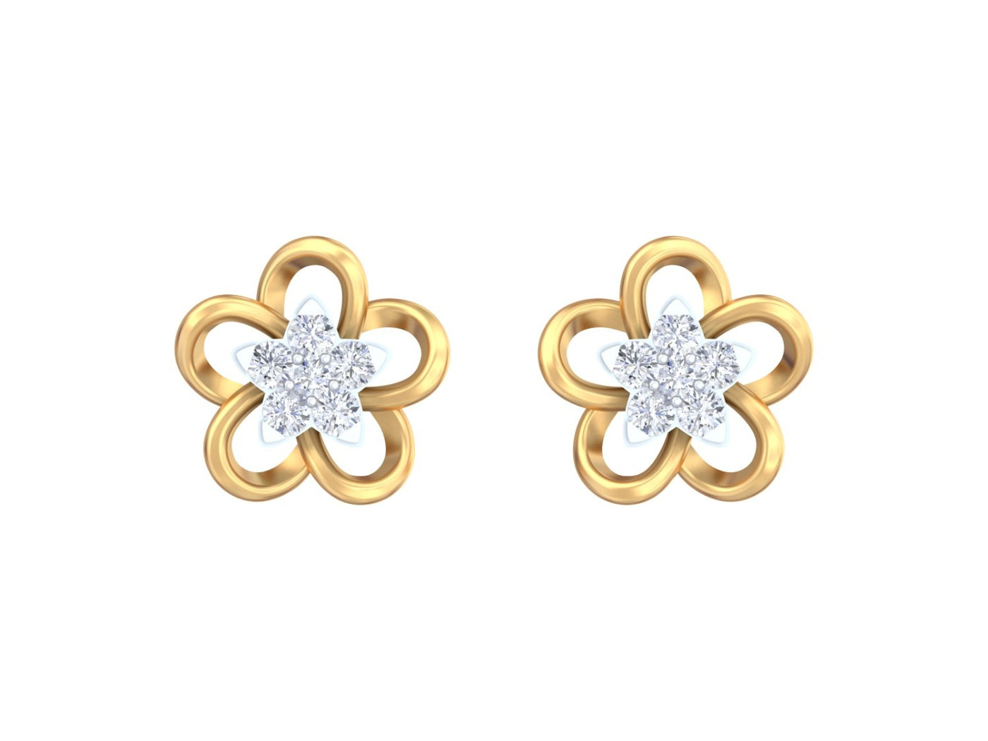 Yellow gold and diamond stud earring with floral-design on a white background.