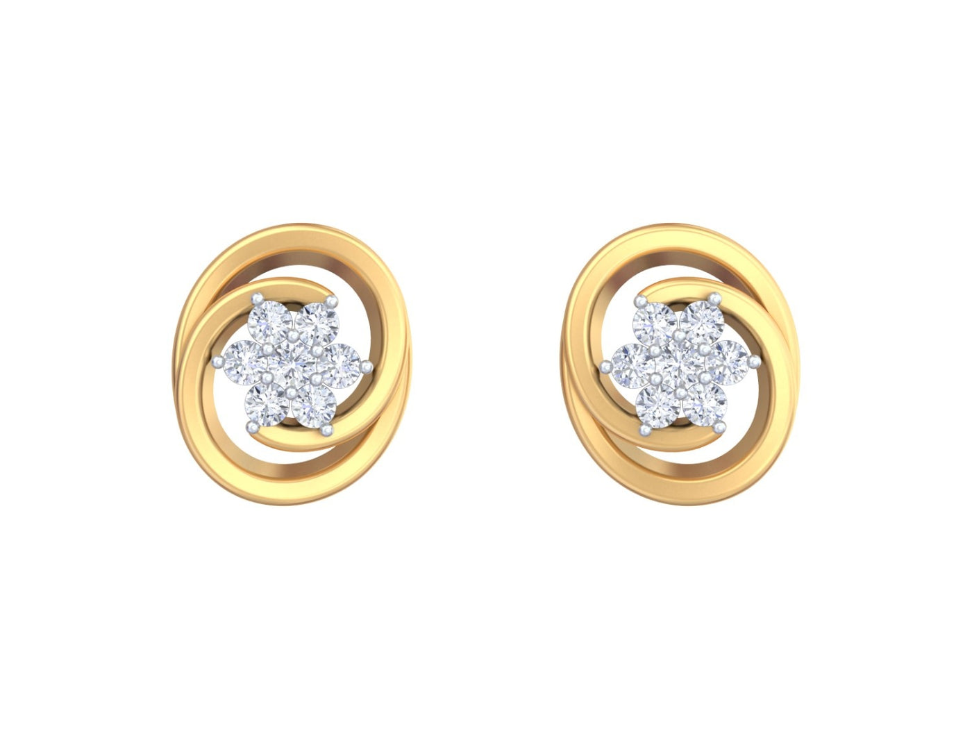 Yellow gold and diamond stud earring with floral-design on a white background.