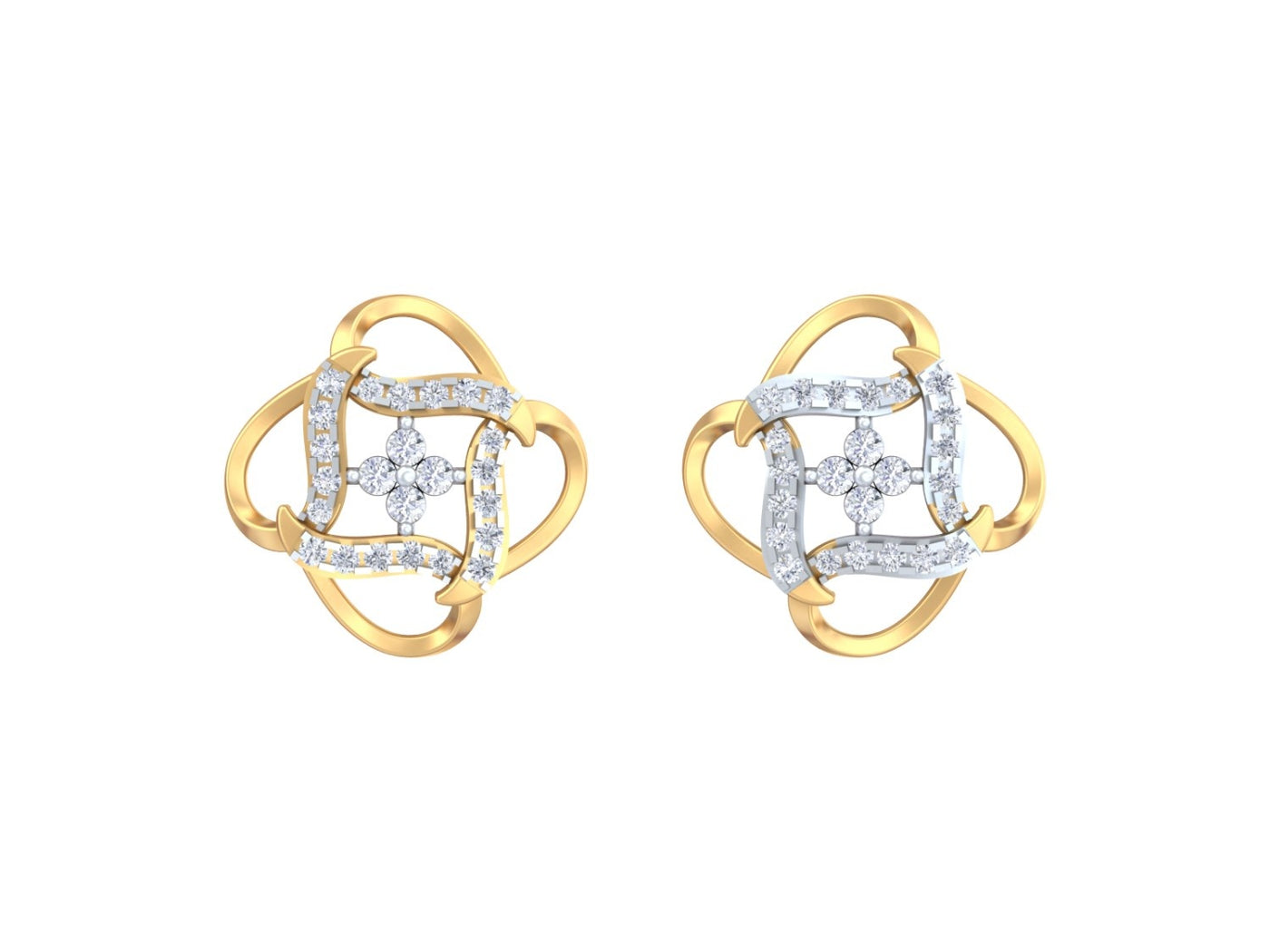 Pair of yellow gold and diamond floral-design stud earrings on a white background.