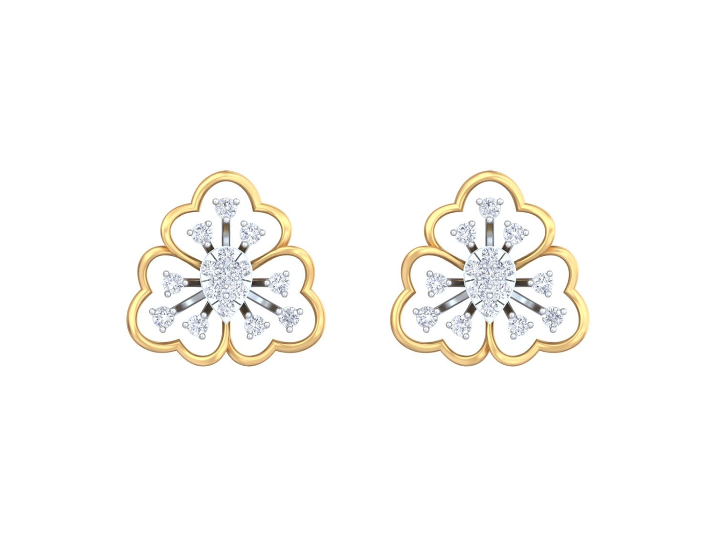 Pair of yellow gold and diamond floral earrings on a white background.