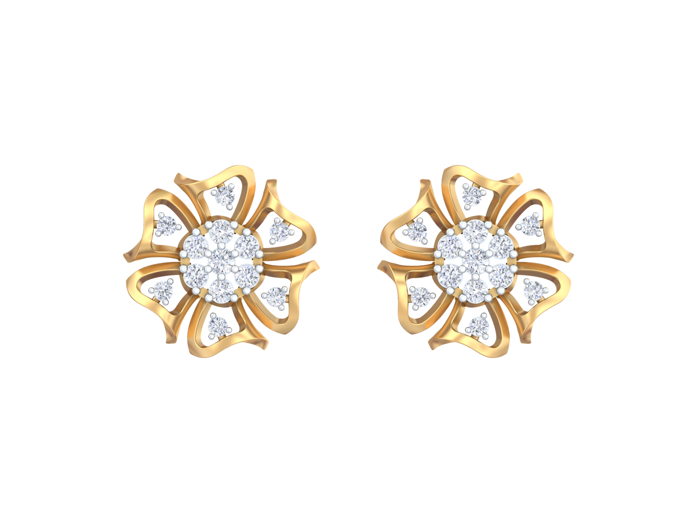 Yellow gold floral earrings with diamond-like stones on a white background