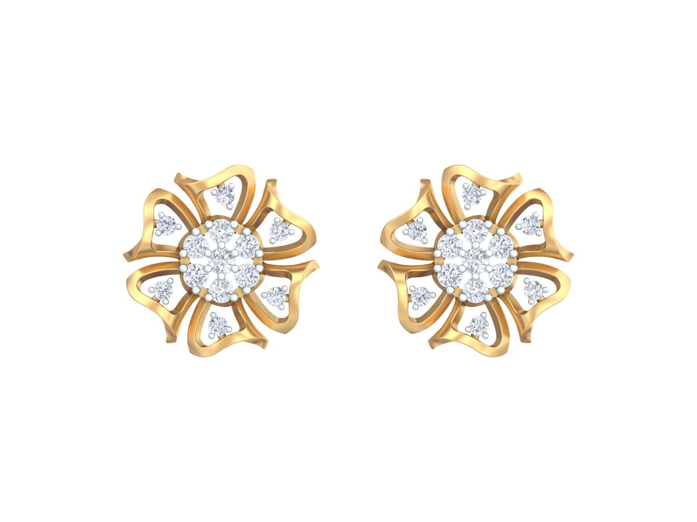 A pair of yellow gold flower-shaped stud earrings, shown on a plain white background.