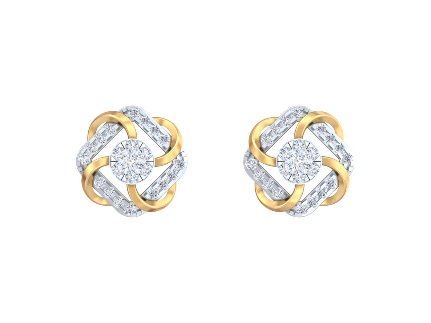 Pair of yellow gold and diamond stud earrings on a white background