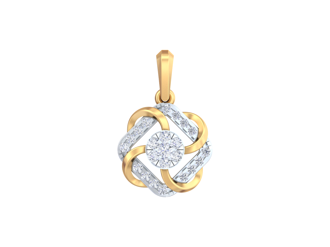 Gold and silver pendant with diamond accents on a white background