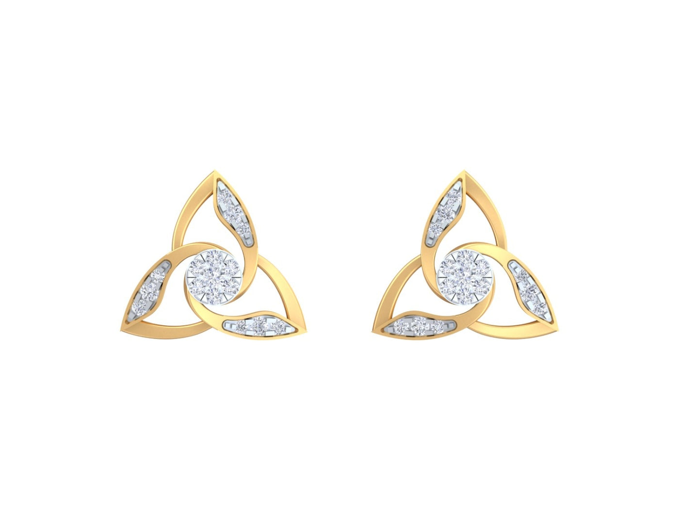 Yellow gold and diamond stud earring with floral-design on a white background.