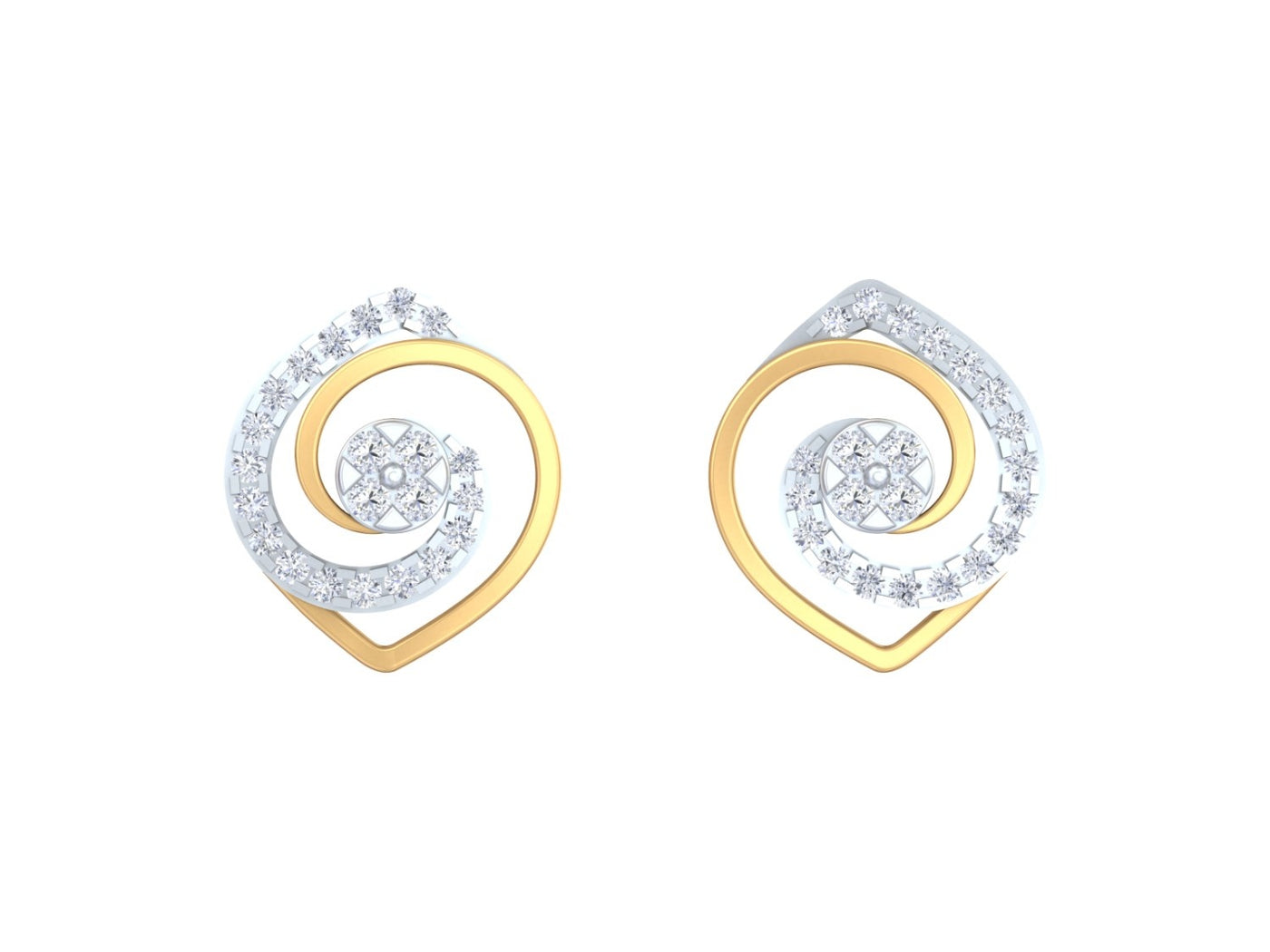 Pair of yellow gold and diamond spiral earrings on a white background.