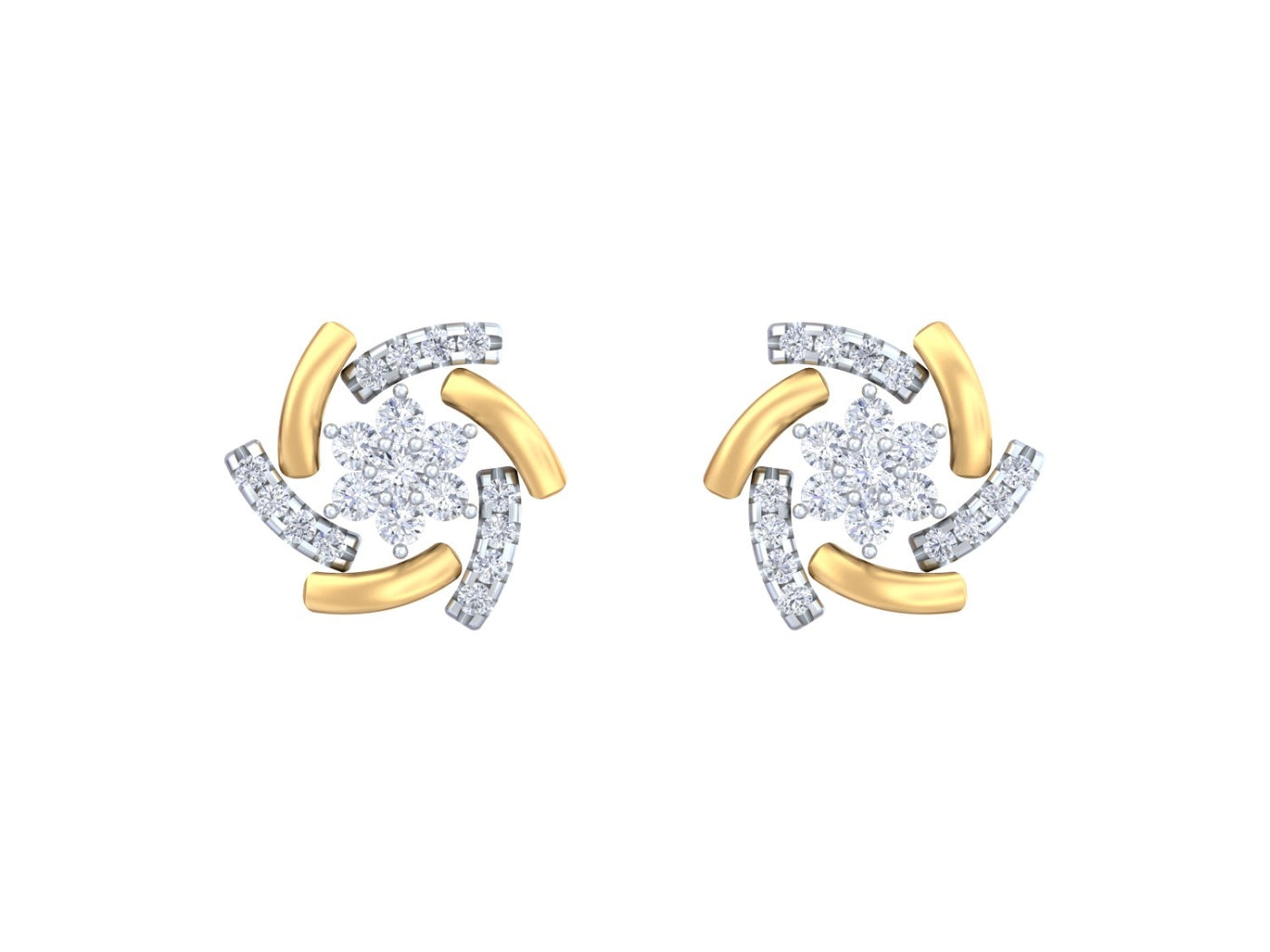 Yellow gold and diamond stud earring with floral-design on a white background.