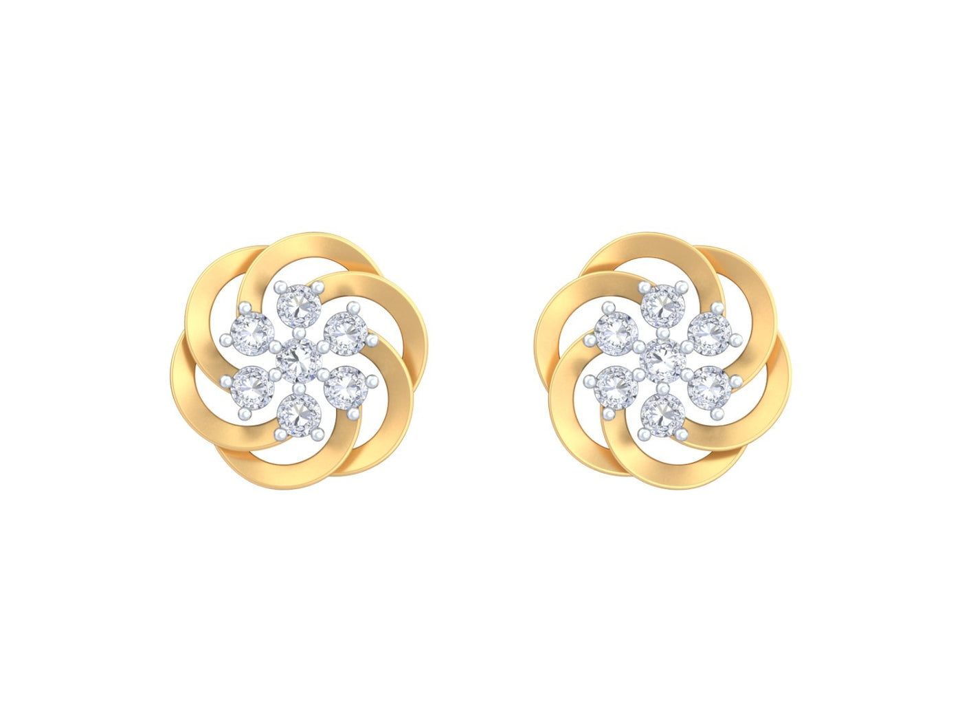 Yellow gold and diamond stud earring with floral-design on a white background.