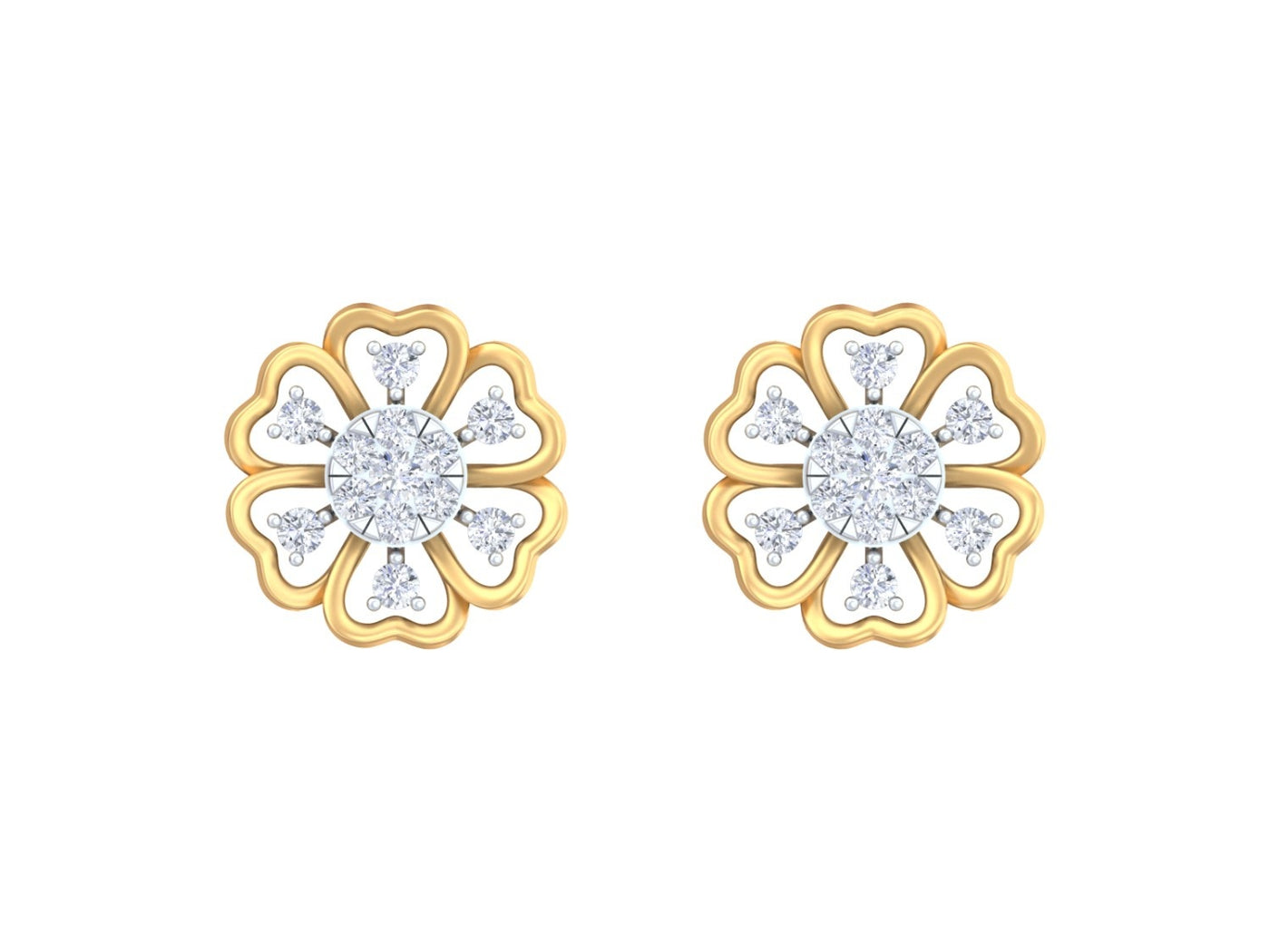 Yellow gold and diamond with floral-design stud earrings on a white background.