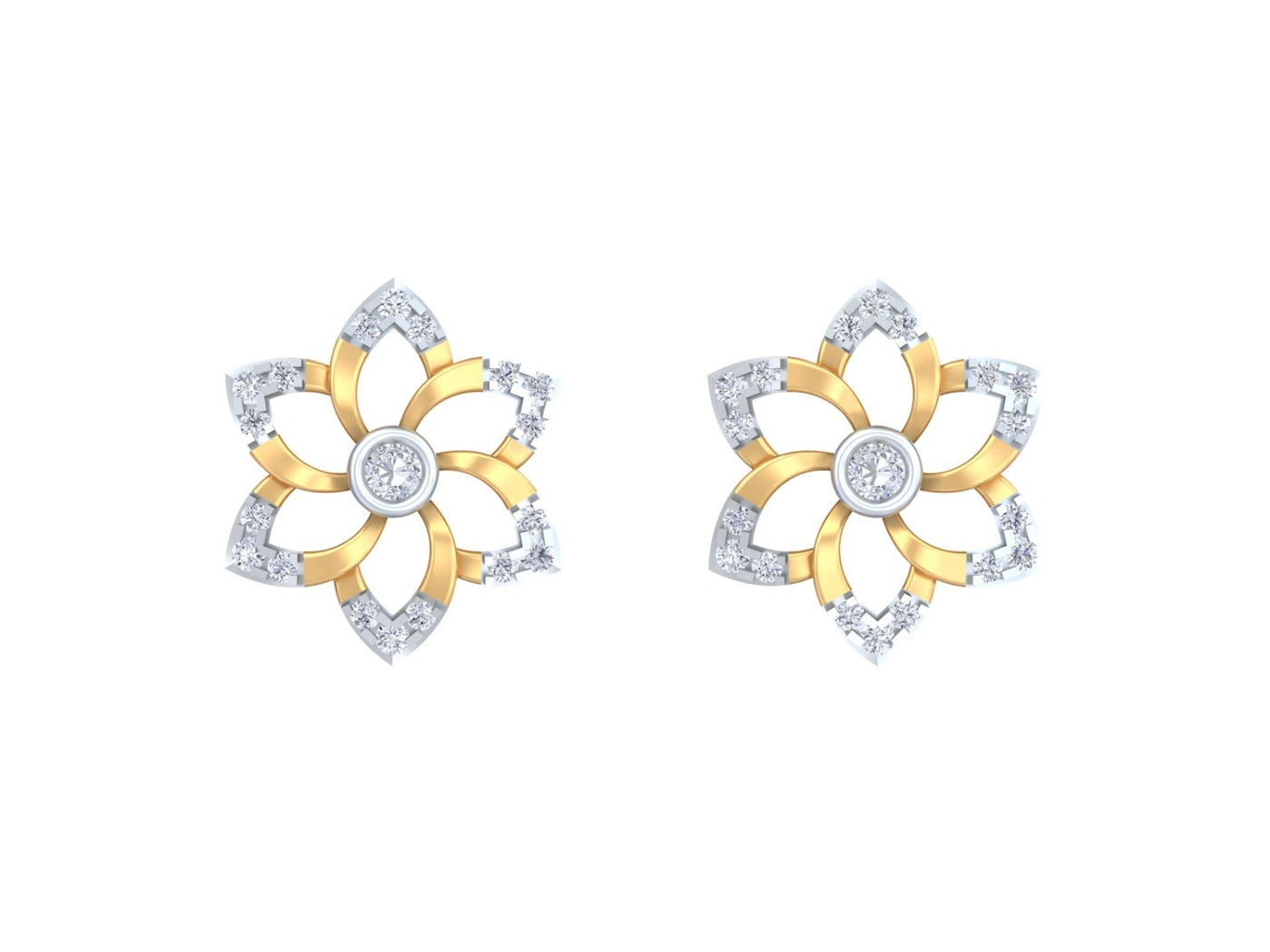 Yellow gold and diamond stud earring with floral-design on a white background.