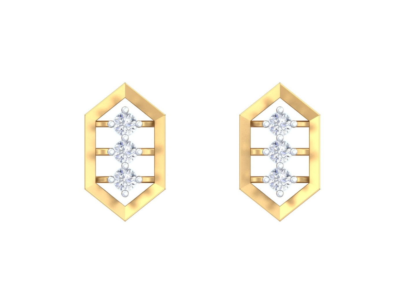 Yellow gold and diamond Geometric stud earring on a white background.
