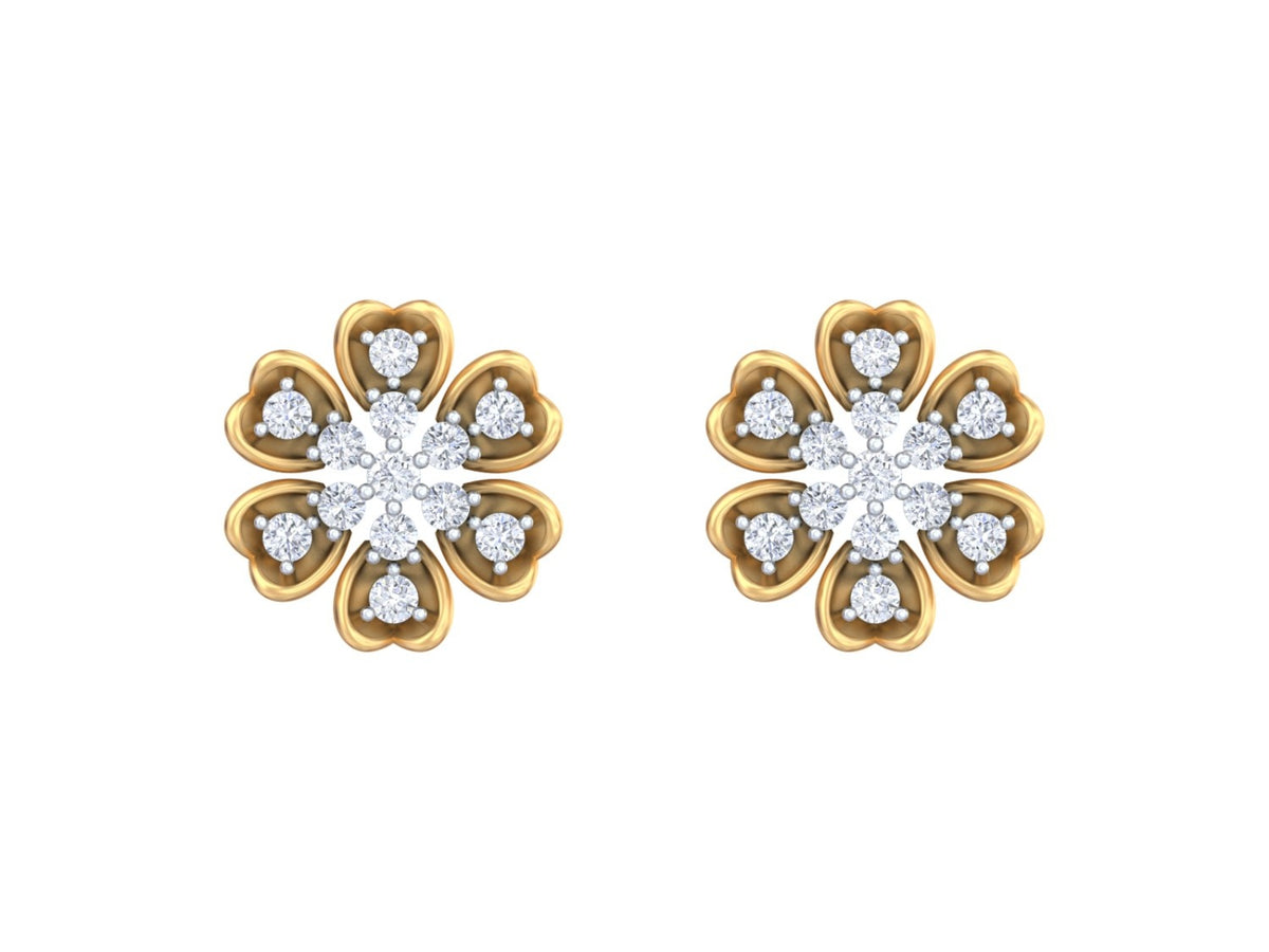 Yellow gold and diamond stud earring with floral-design on a white background