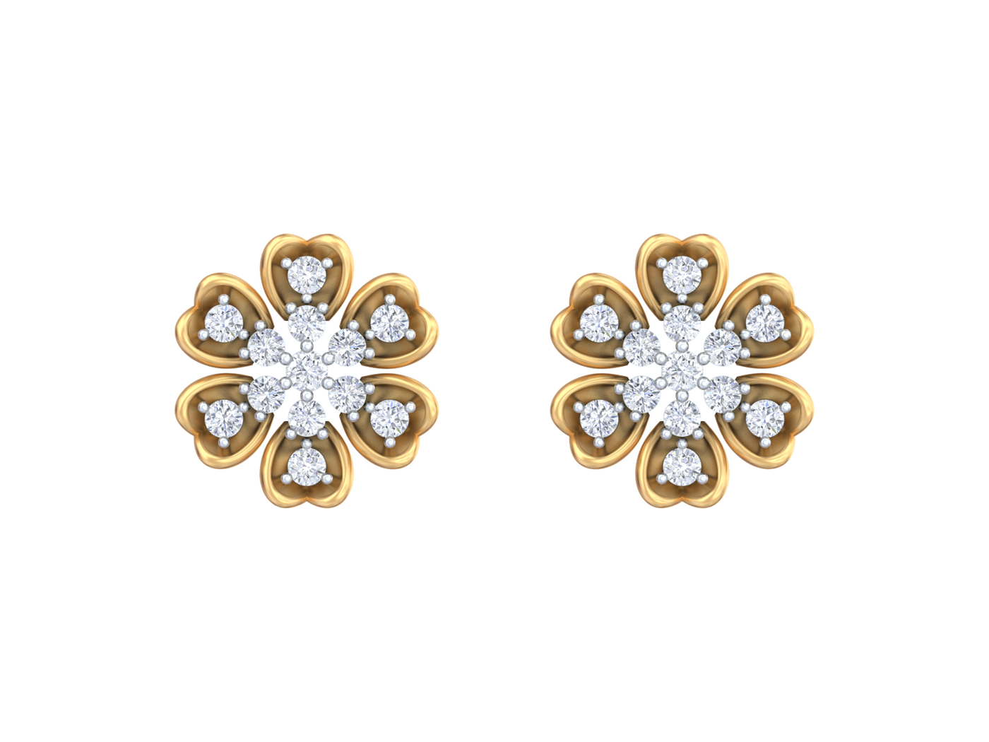 Yellow gold and diamond stud earring with floral-design on a white background