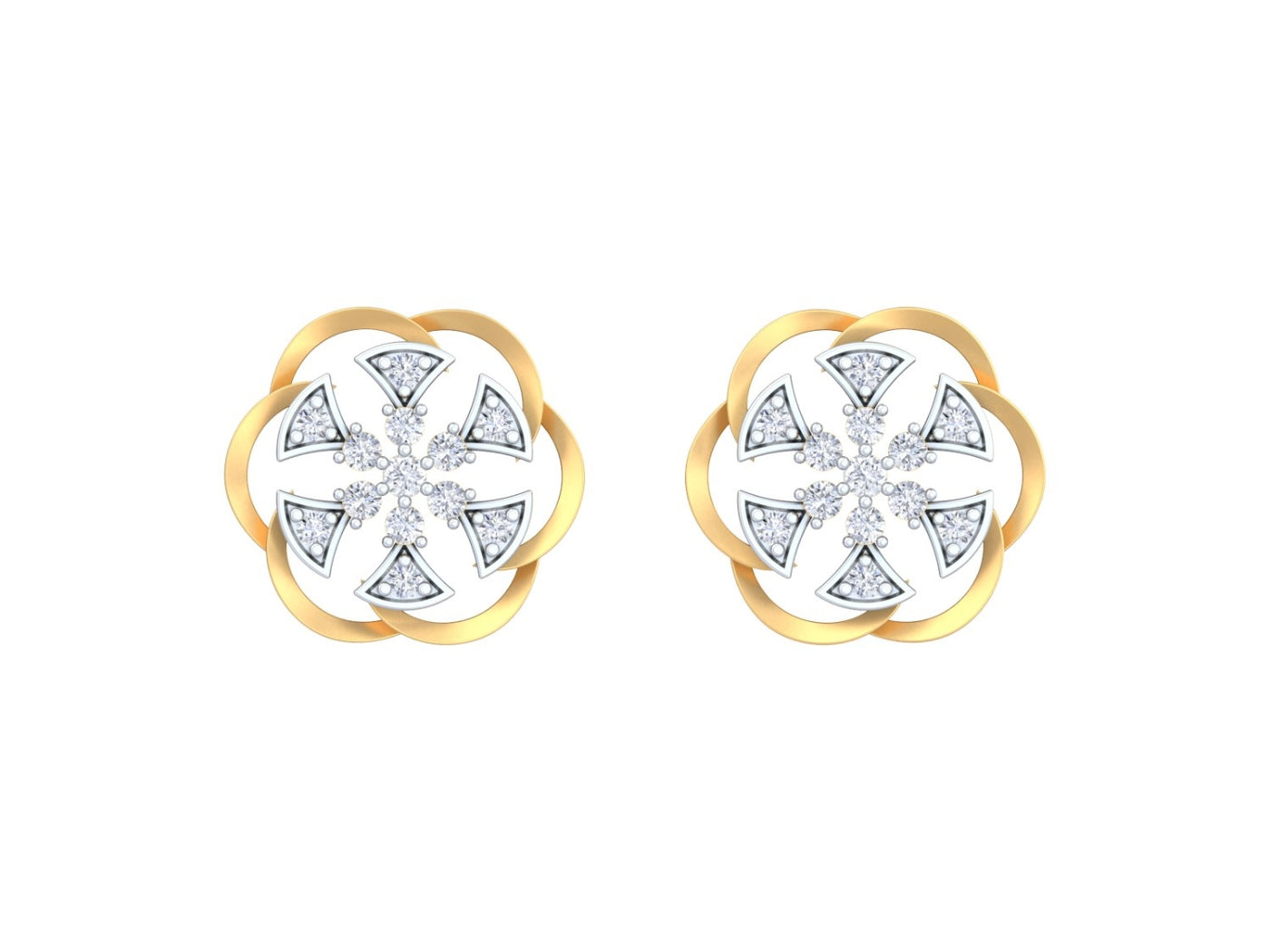 Yellow gold and diamond stud earring with floral-design on a white background.