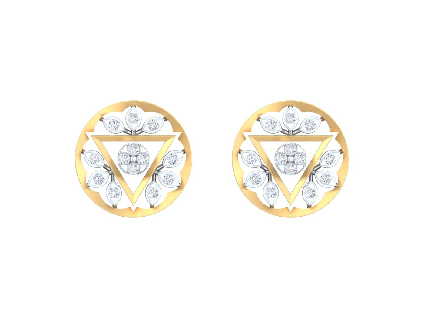 Yellow gold and diamond round-shaped stud earrings with triangular design on a white background