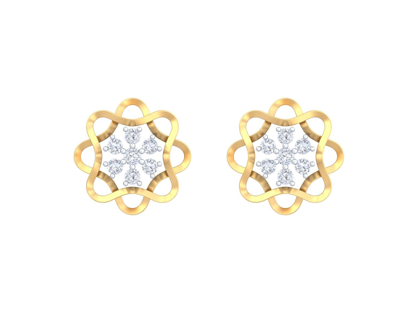 Yellow gold and diamond stud earring with floral-design on a white background.