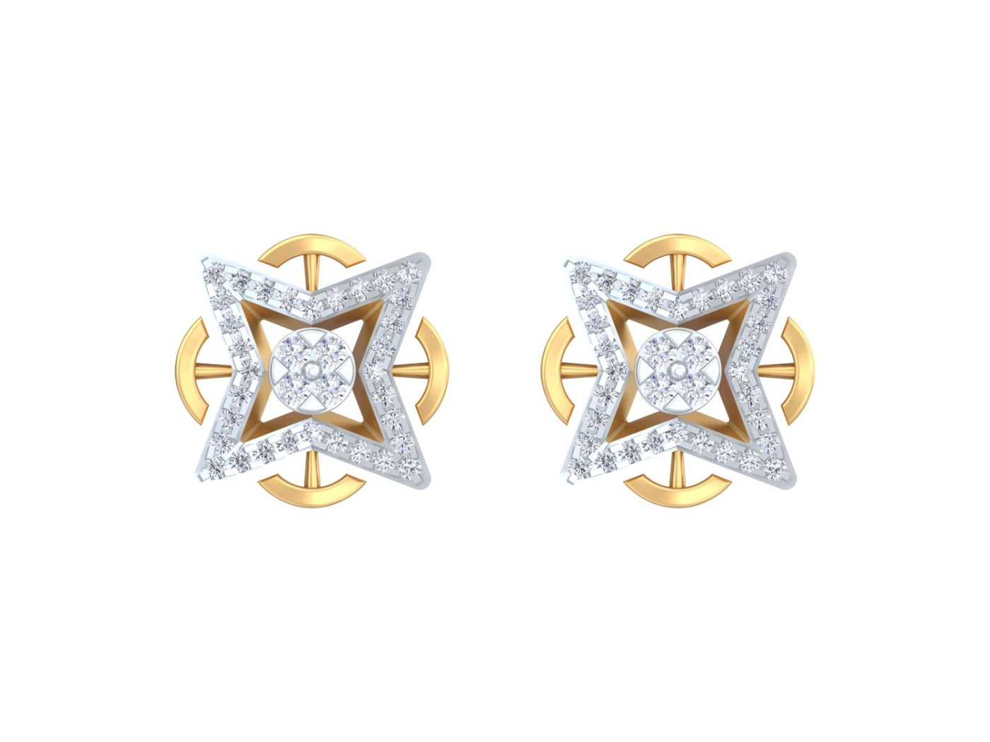 Yellow gold and diamond stud earrings with star-shaped on a white background.