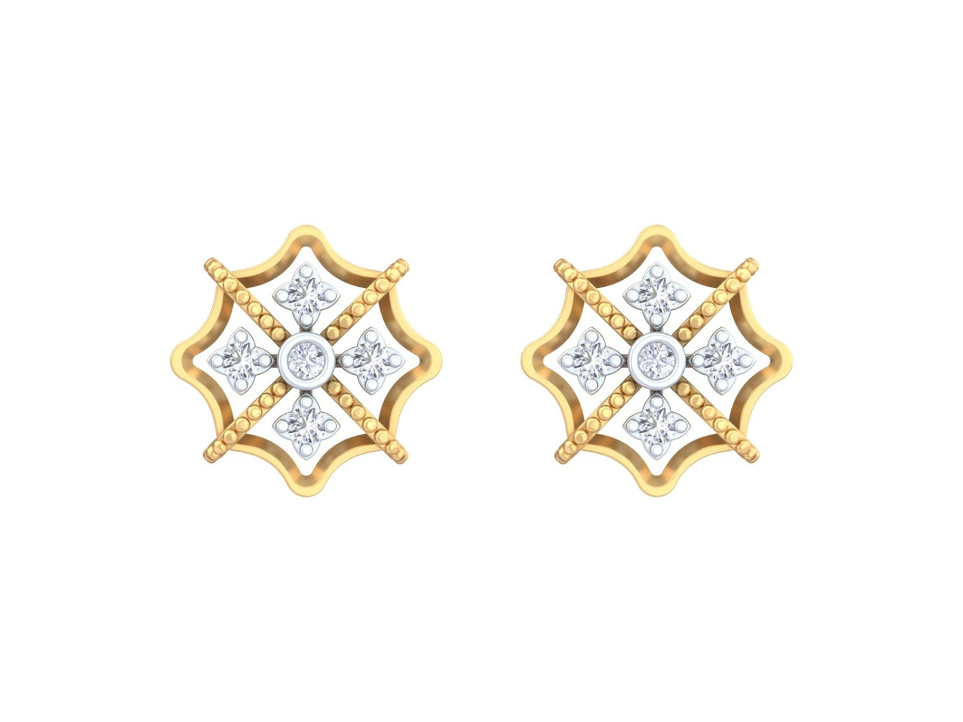 Yellow gold and diamond stud earring with floral-design on a white background.