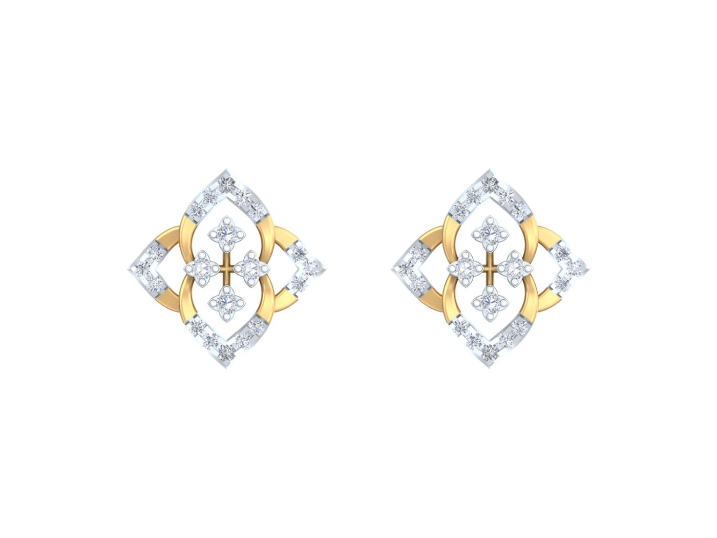 Yellow gold and diamond stud earring with floral-design on a white background.