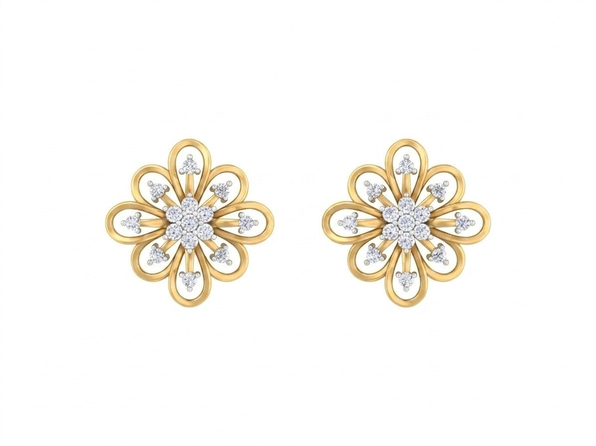 Yellow gold and diamond stud earring with floral-design on a white background.