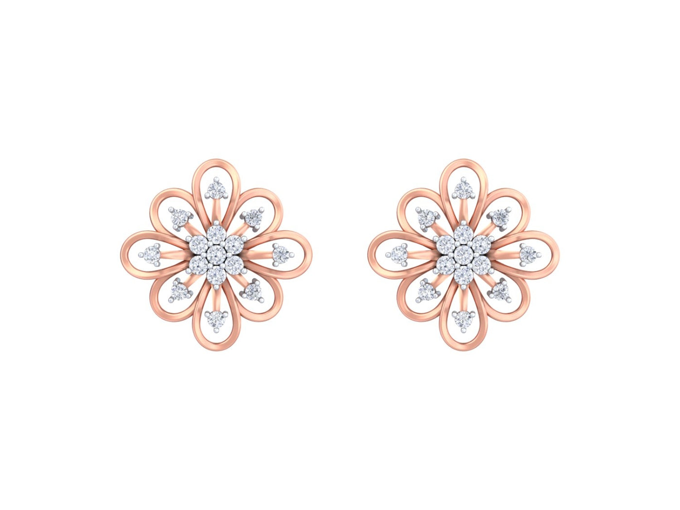 Rose gold and diamond stud earring with floral-design on a white background.