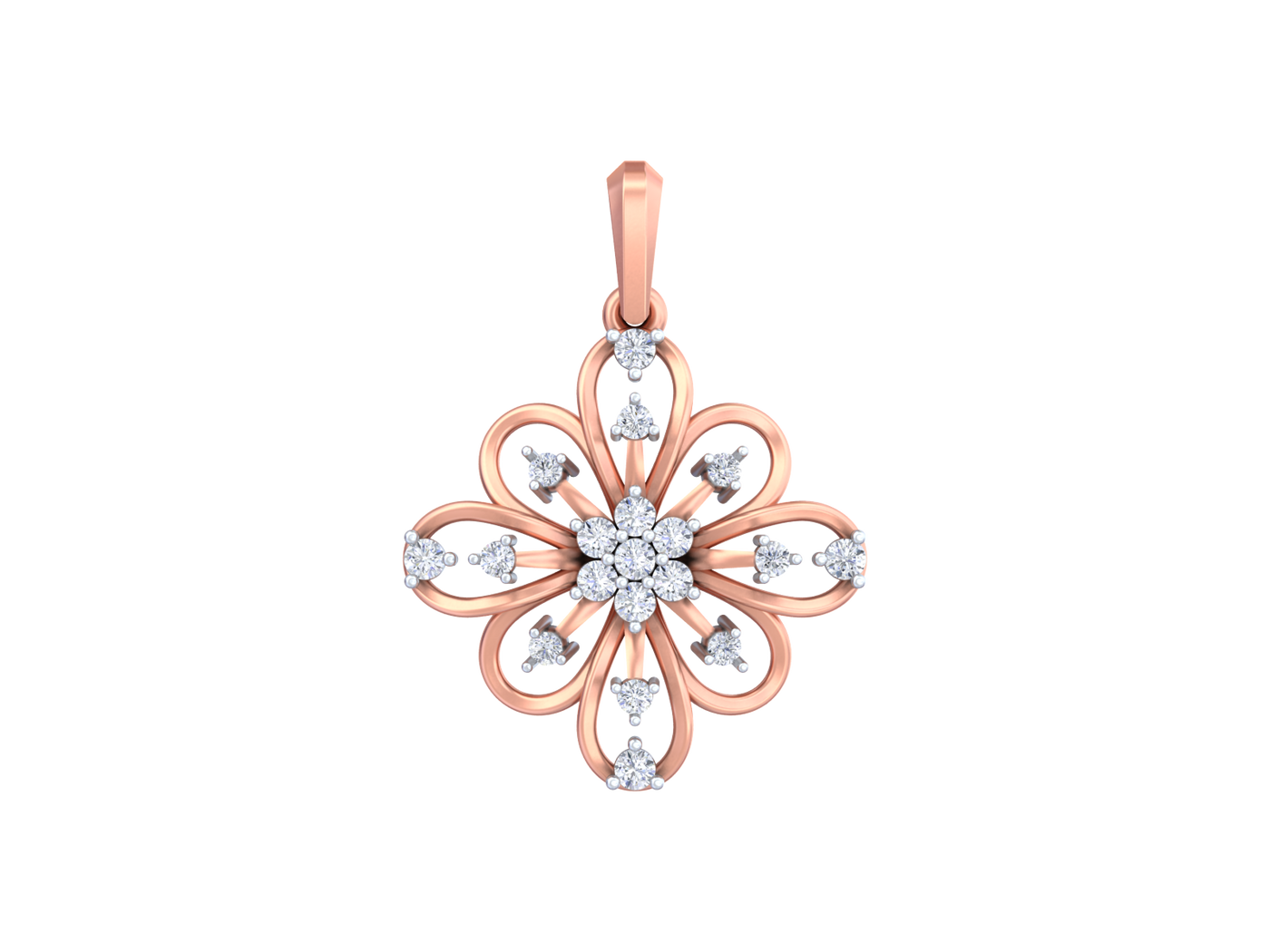 Rose gold and diamond floral pendant on a white background
