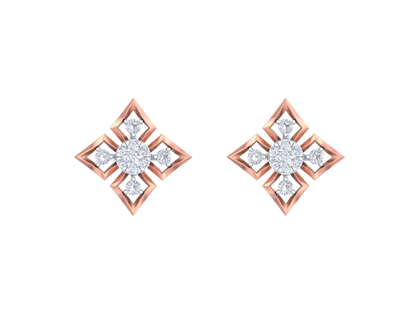 Pair of rose gold and diamond stud earrings on a white background.
