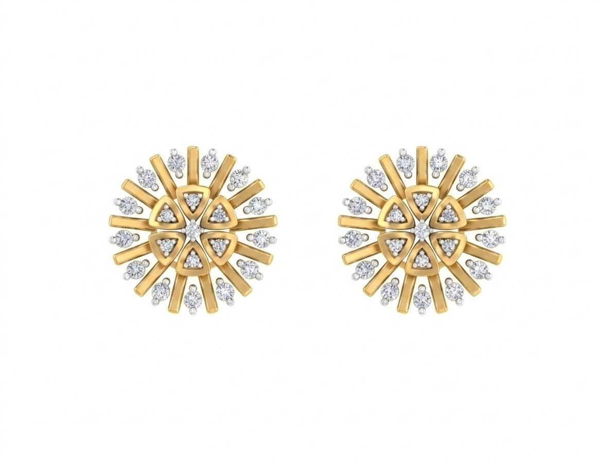 Gold & diamond floral stud earrings for women in yellow gold with a round floral design.