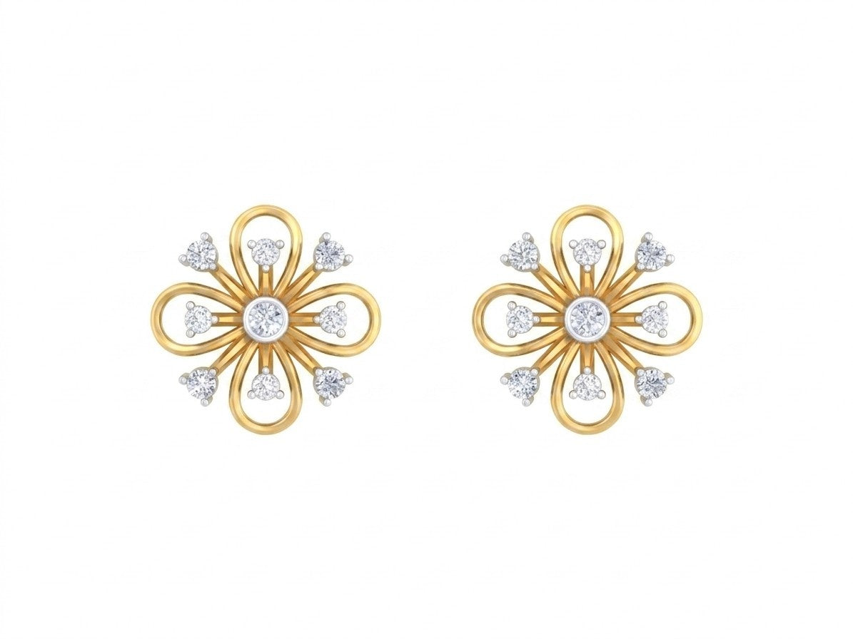 Yellow gold and diamond stud earring with floral-design on a white background