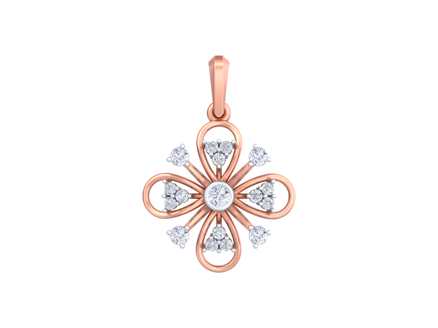 Rose gold flower-shaped pendant with diamonds on a white background